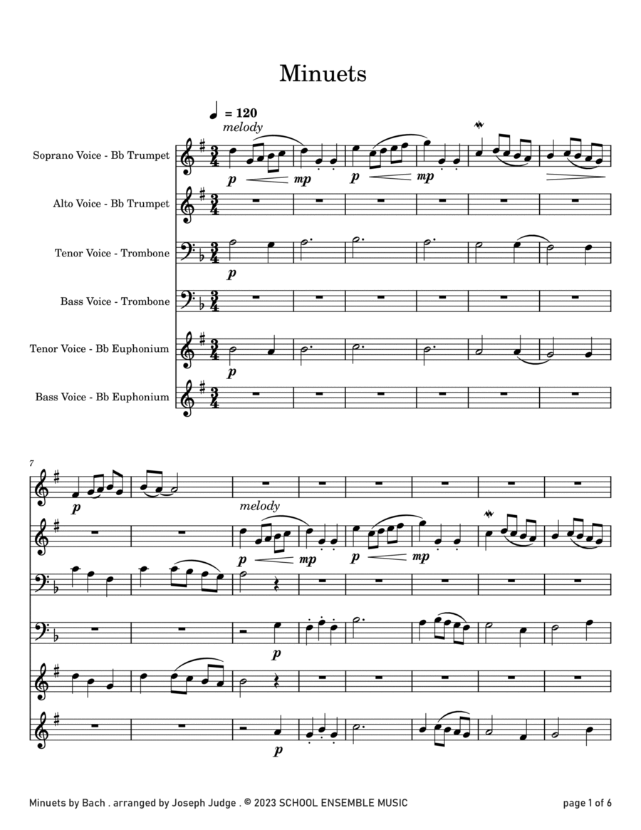 Minuets by Bach for Brass Quartet in Schools Brass Quartet scores gallery preview page 1