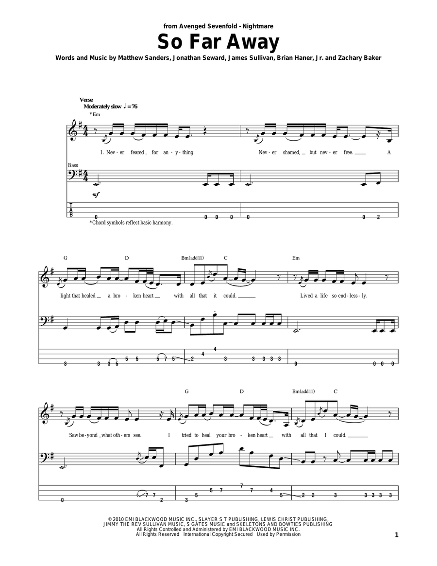 So Far Away Bass Guitar Tablature scores gallery preview page 1