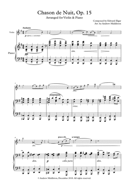 Chanson de nuit Op. 15 arranged for Violin and Piano image number null