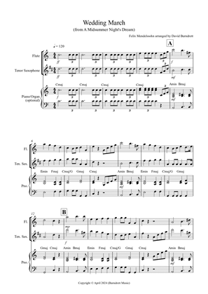 Wedding March (from A Midsummer Night's Dream) for Flute and Tenor Saxophone Duet