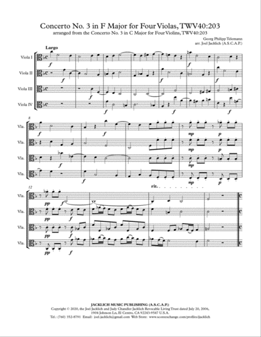 Concerto No. 3 in F Major for Four Violas Unaccompanied, TWV40:203 String Quartet scores gallery preview page 2