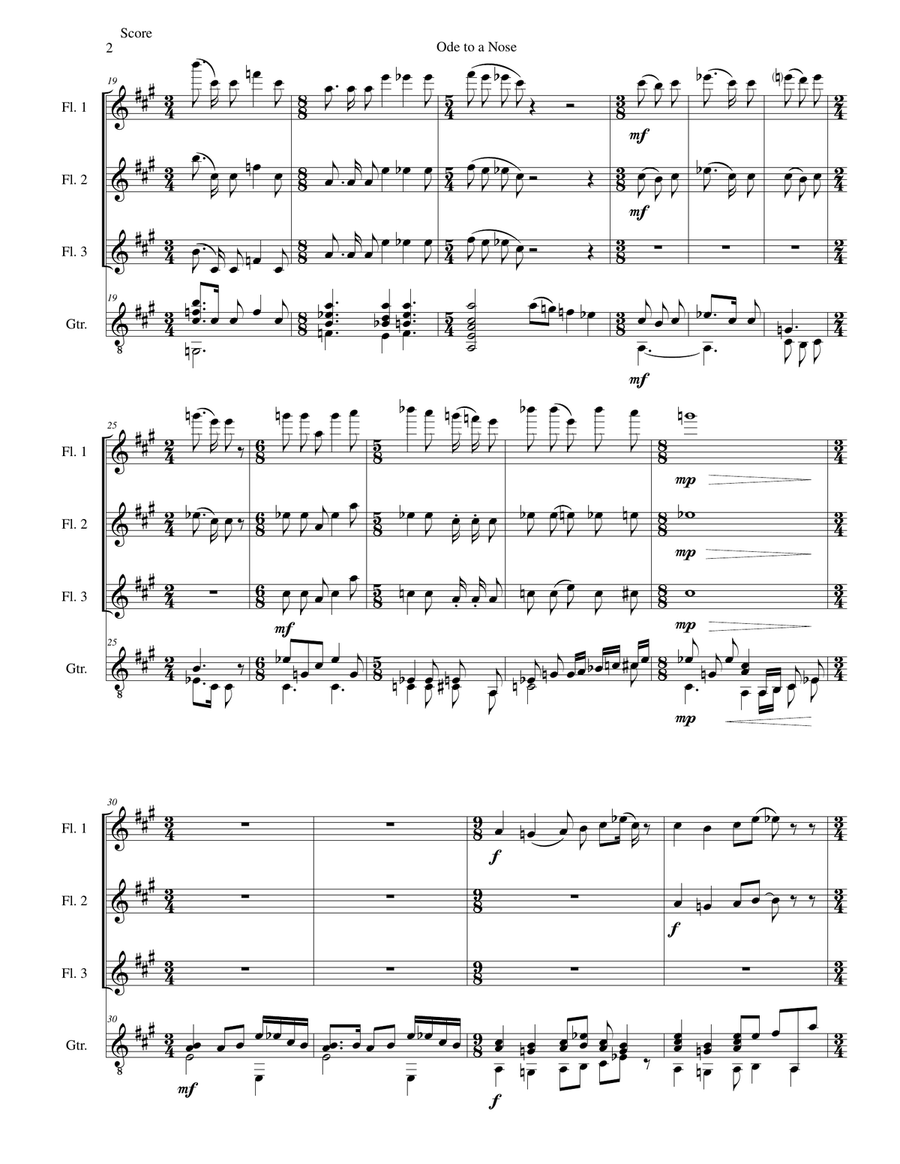 Ode to a Nose for three flutes and guitar Flute scores gallery preview page 2