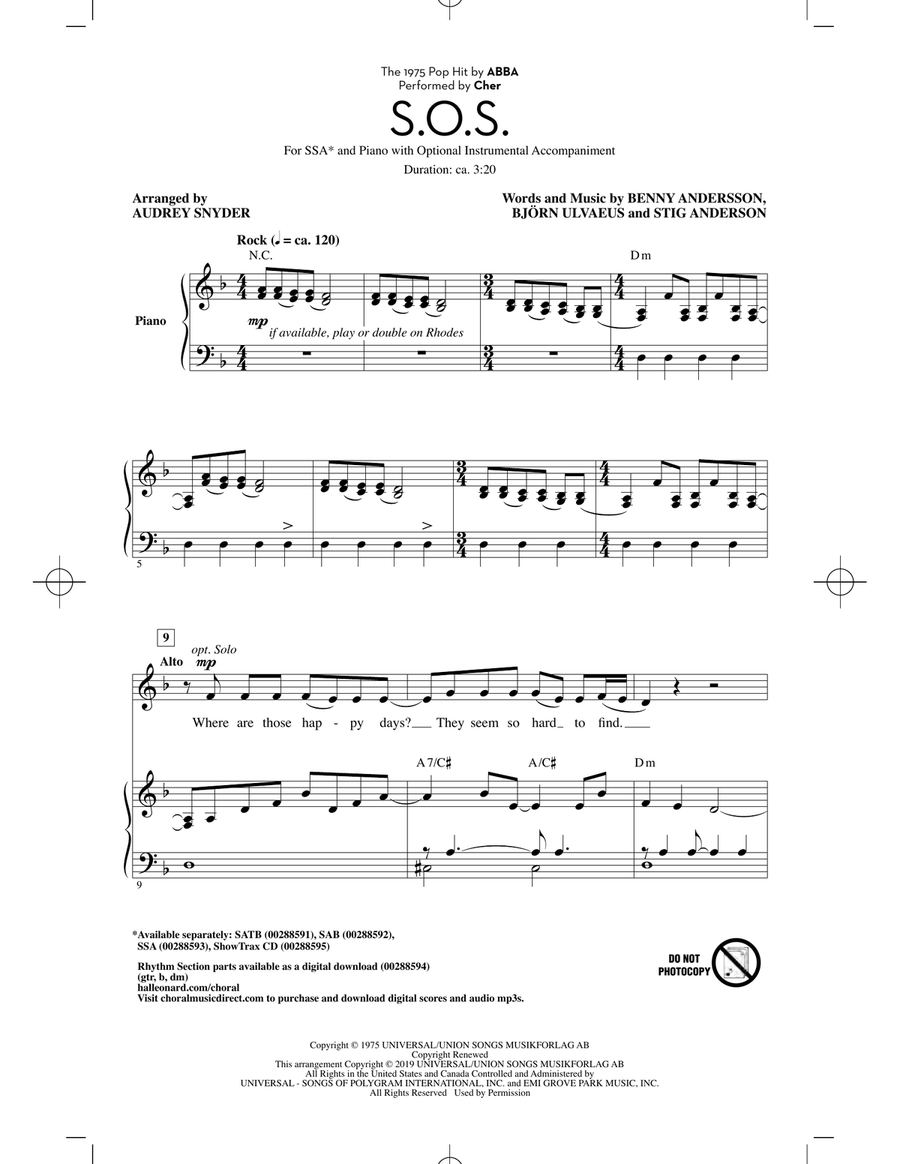 S.O.S. (arr. Audrey Snyder) SSA scores gallery preview page 1