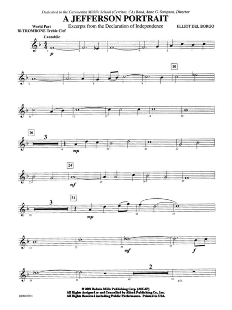 A Jefferson Portrait: WP 1st B-flat Trombone T.C. Concert Band scores gallery preview page 1