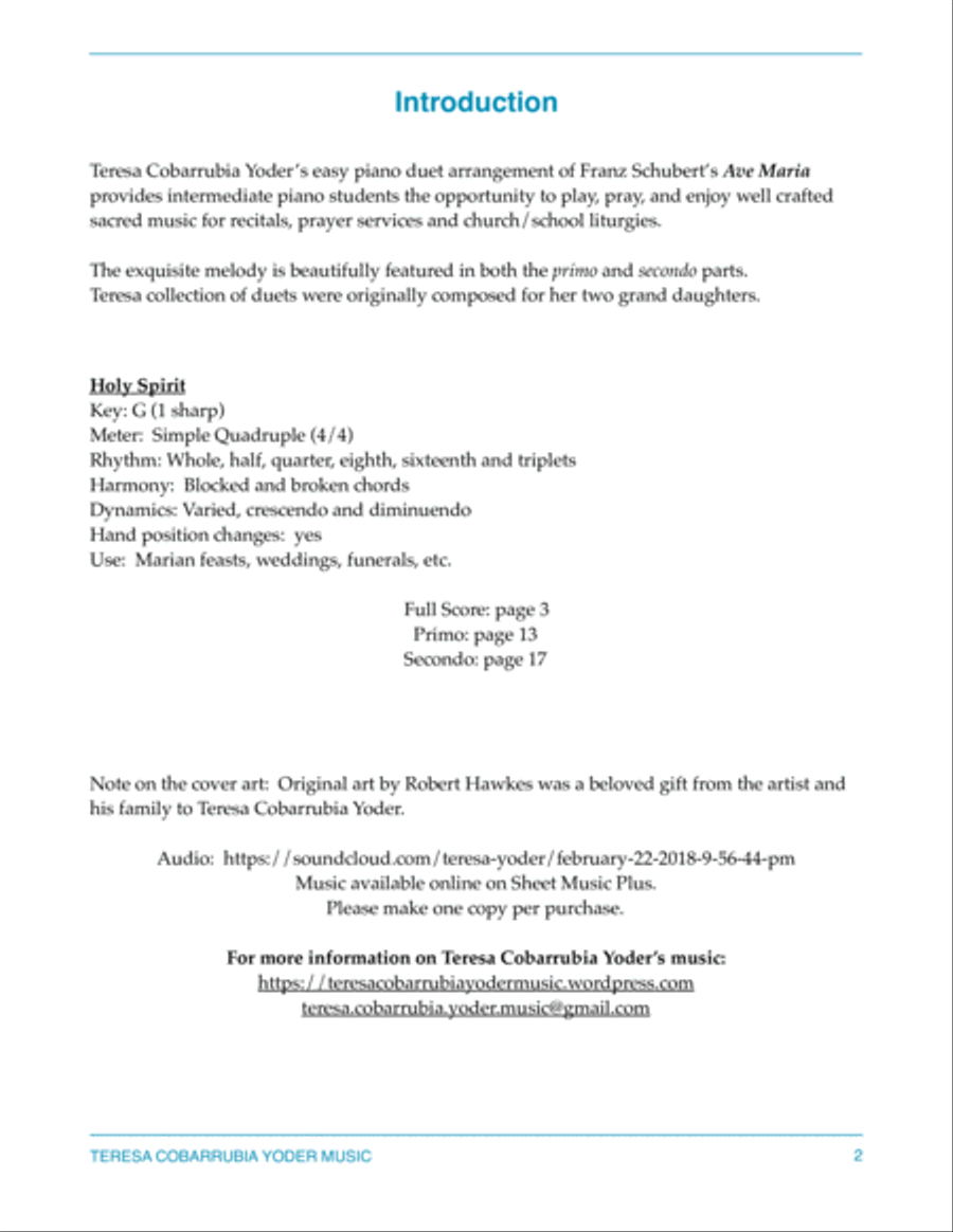 Ave Maria - Schubert - Easy Piano Duet by Teresa Cobarrubia Yoder Easy Piano scores gallery preview page 2