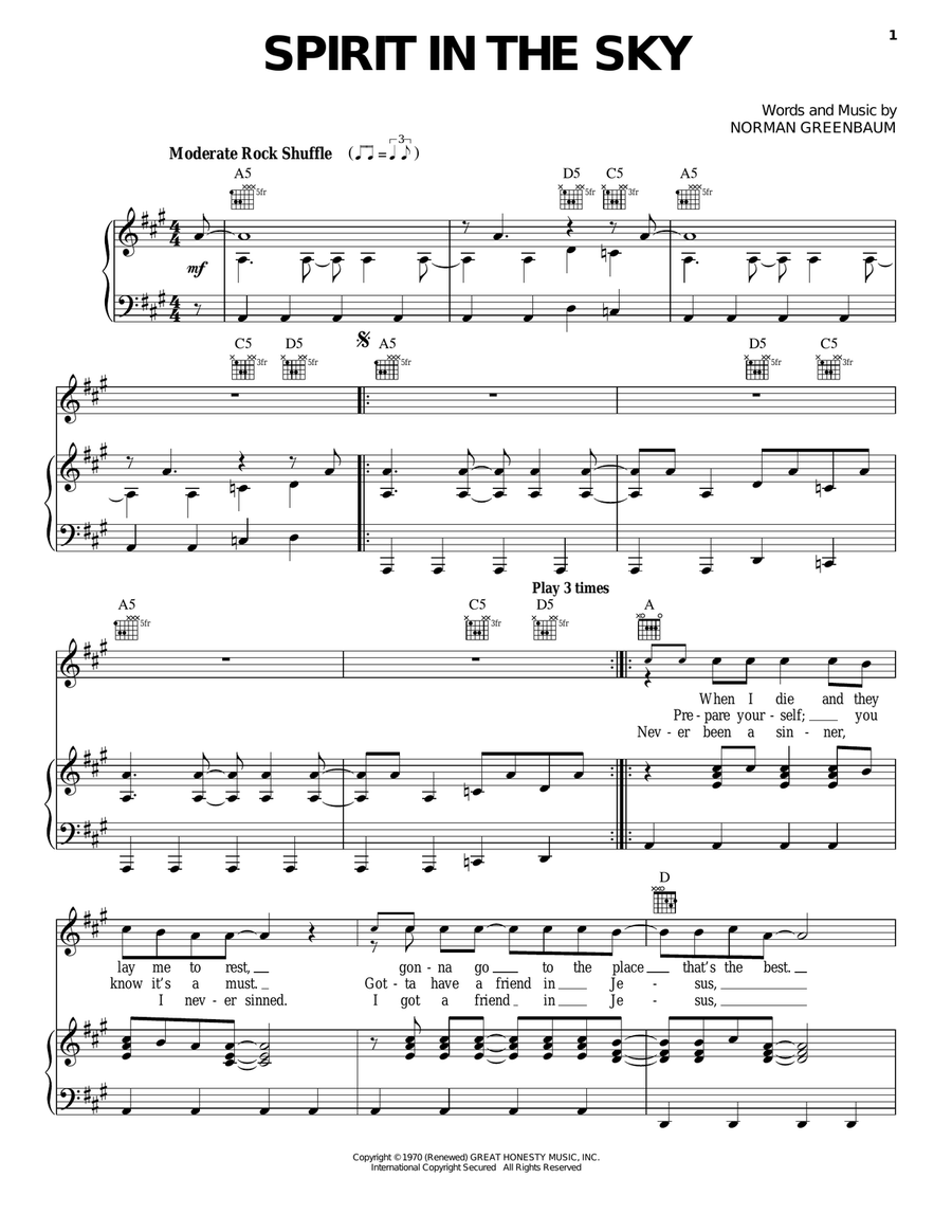 Spirit In The Sky Spirit In The Sky Piano, Vocal, Guitar scores gallery preview page 1