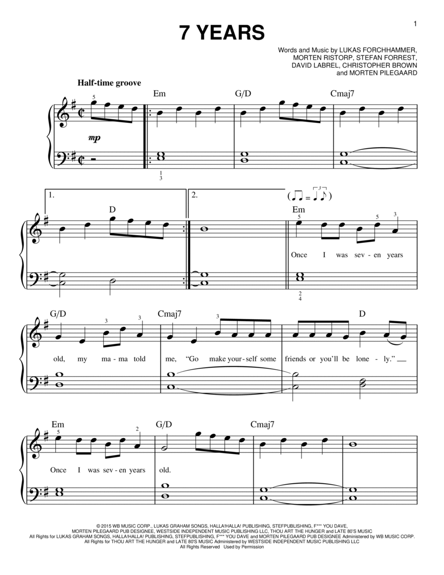 7 Years Easy Piano scores gallery preview page 1