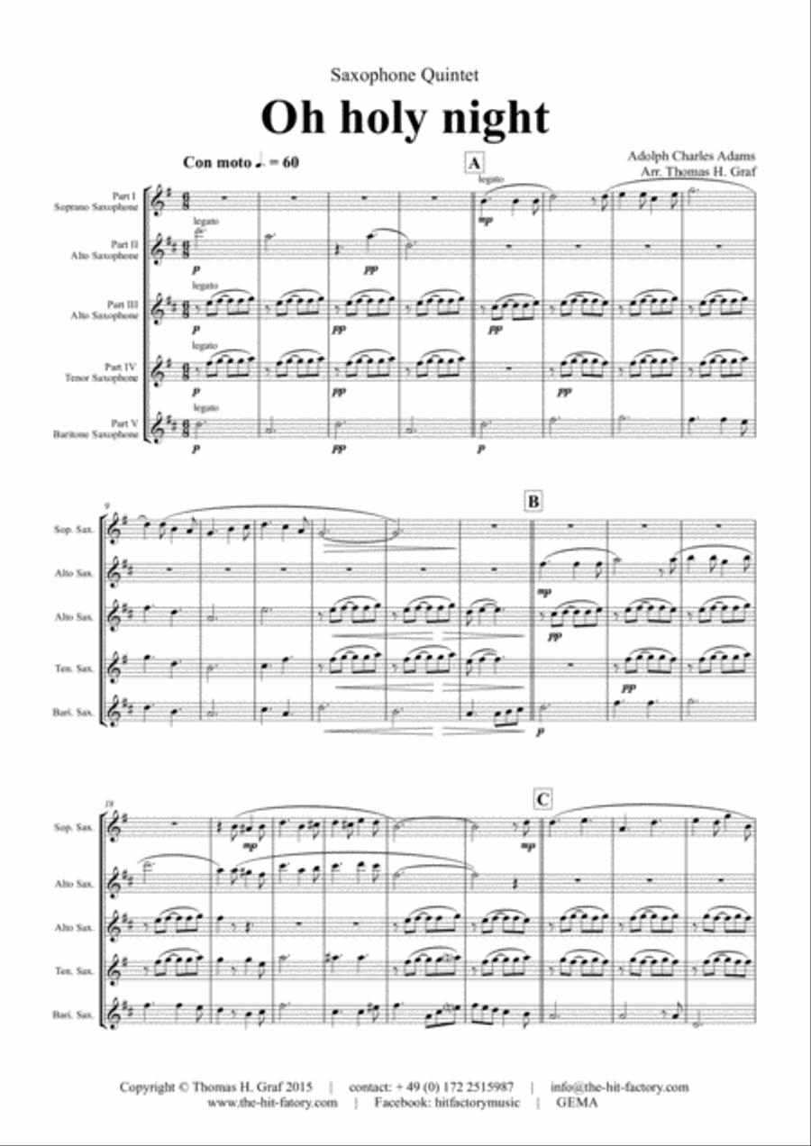 Oh holy night - Cantique de Noël - Christmas Song - Saxophone Quintet Saxophone Quintet scores gallery preview page 1