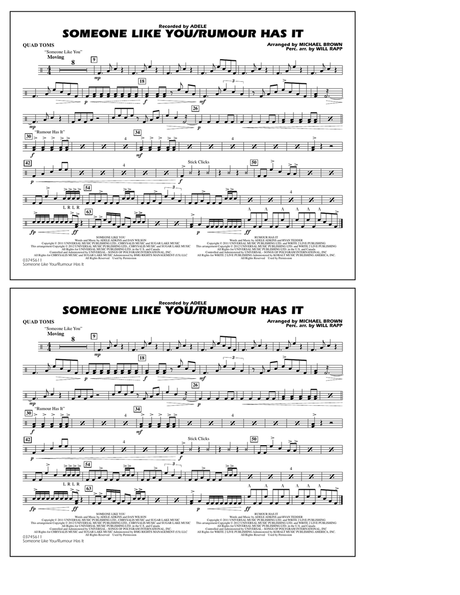 Someone Like You/Rumour Has It - Quad Toms Marching Band scores gallery preview page 1