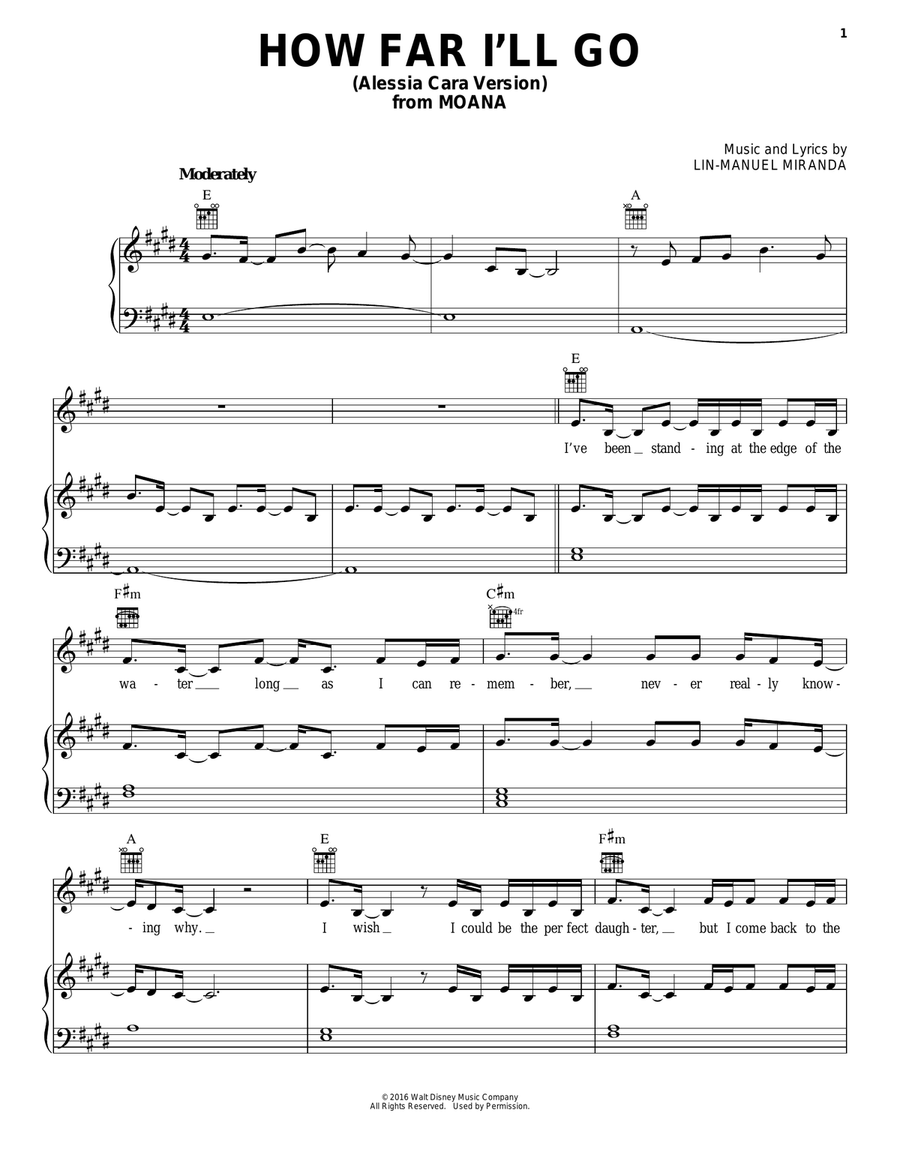 How Far I'll Go (from Moana) Piano, Vocal, Guitar scores gallery preview page 1
