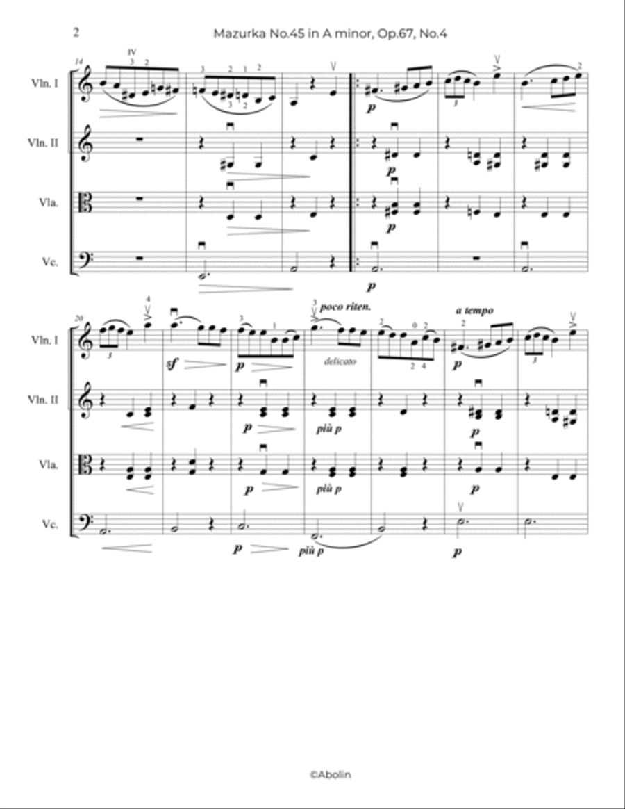 Chopin: Mazurka No.45, Op.67, No.4 - String Quartet String Quartet scores gallery preview page 3