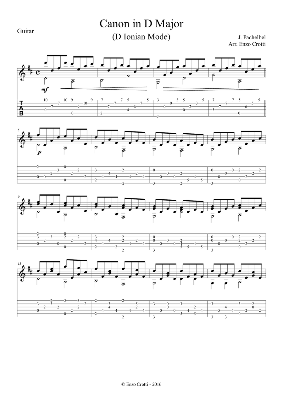 Pachelbel's Canon in D - Solo Guitar Sheet Music and Tab Classical Guitar scores gallery preview page 1