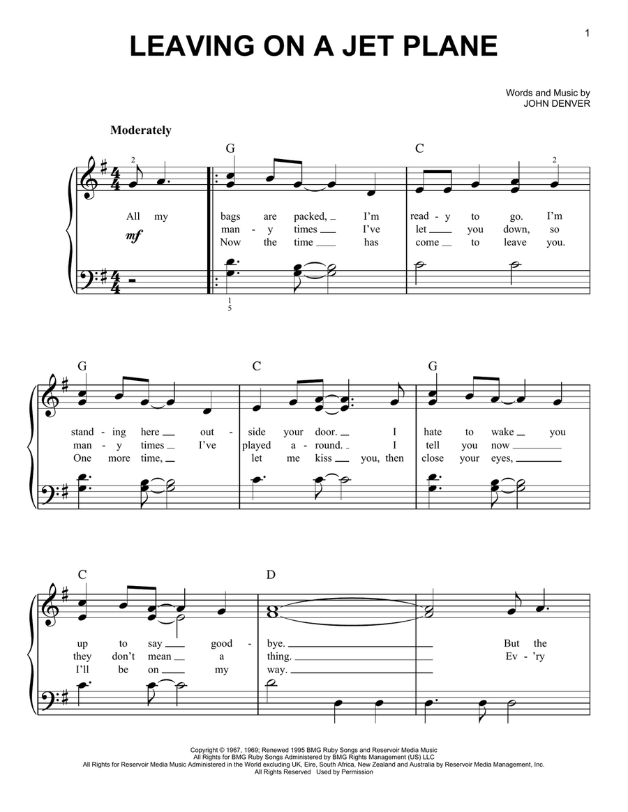 Leaving On A Jet Plane Easy Piano scores gallery preview page 1