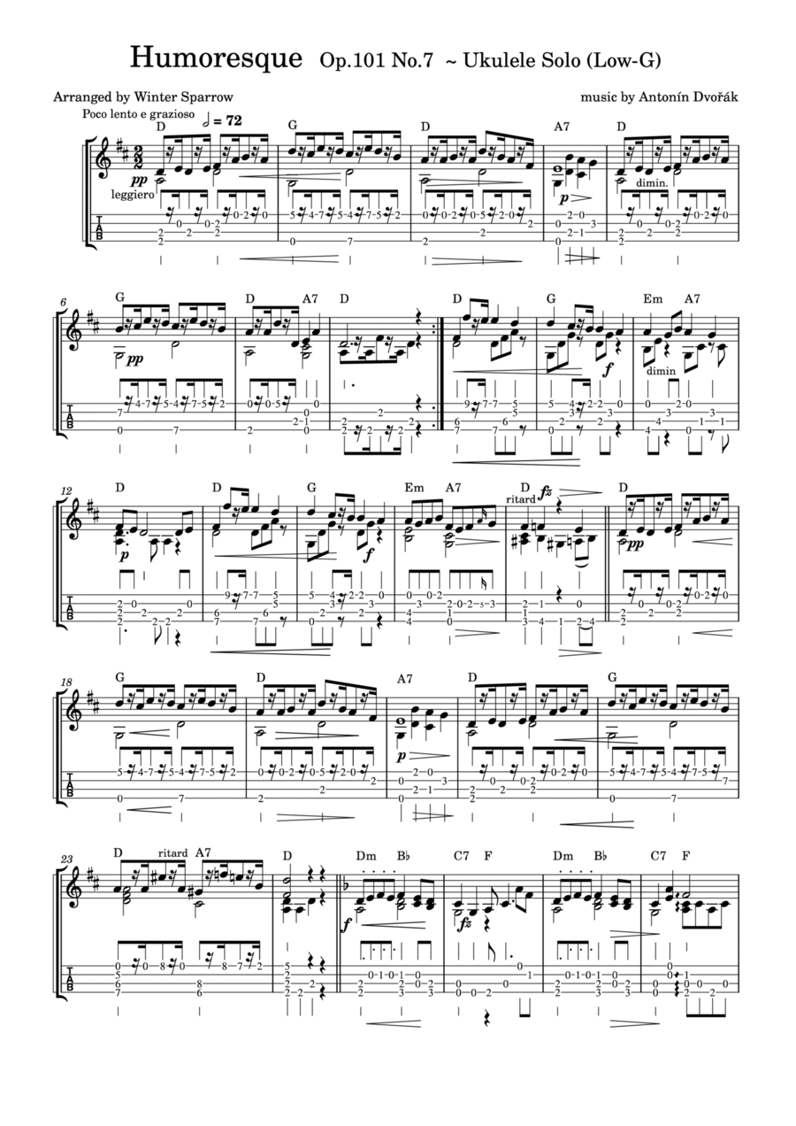 Humoresque Op.101 No.7 ~ Ukulele Solo (Low-G) Ukulele scores gallery preview page 1