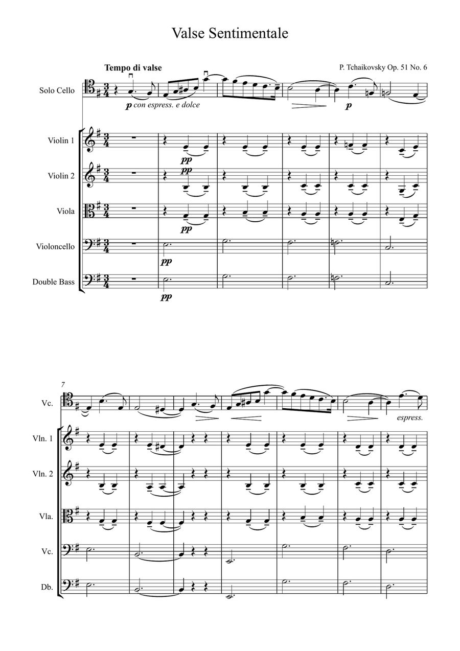 Tchaikovsky Valse Sentimentale Op. 51 No. 6 for Cello and String Orchestra String Orchestra scores gallery preview page 2