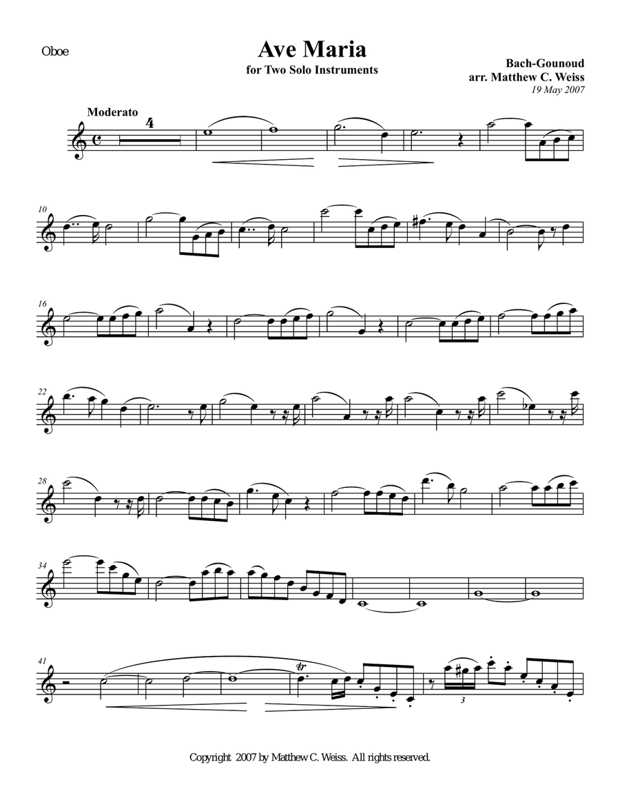 Ave Maria for Two Solo Instruments - Oboe