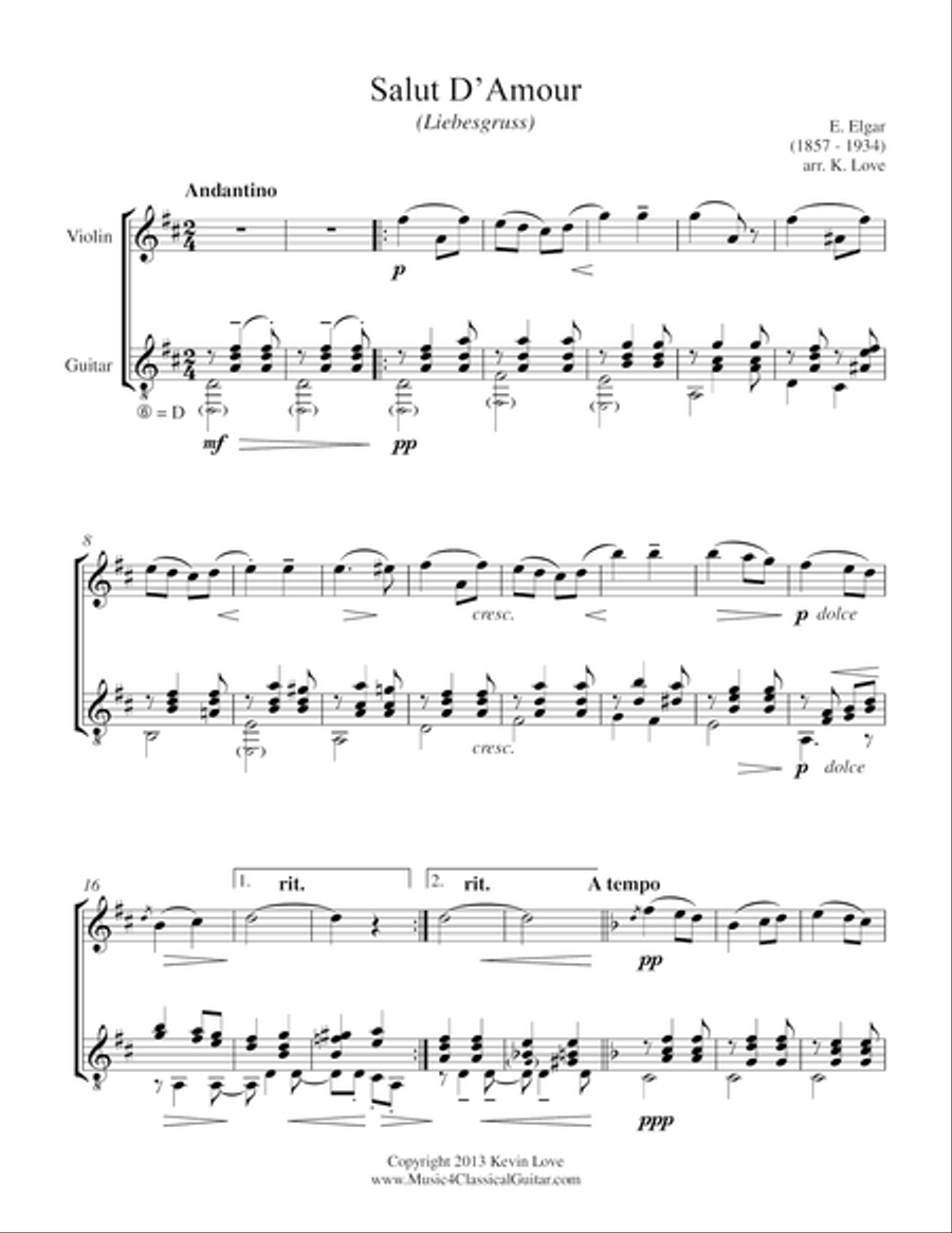 Salut D'Amour (Violin and Guitar) - Score and Parts String Duet scores gallery preview page 1