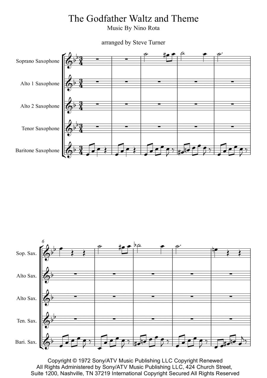 The Godfather Waltz Saxophone Quintet scores gallery preview page 1