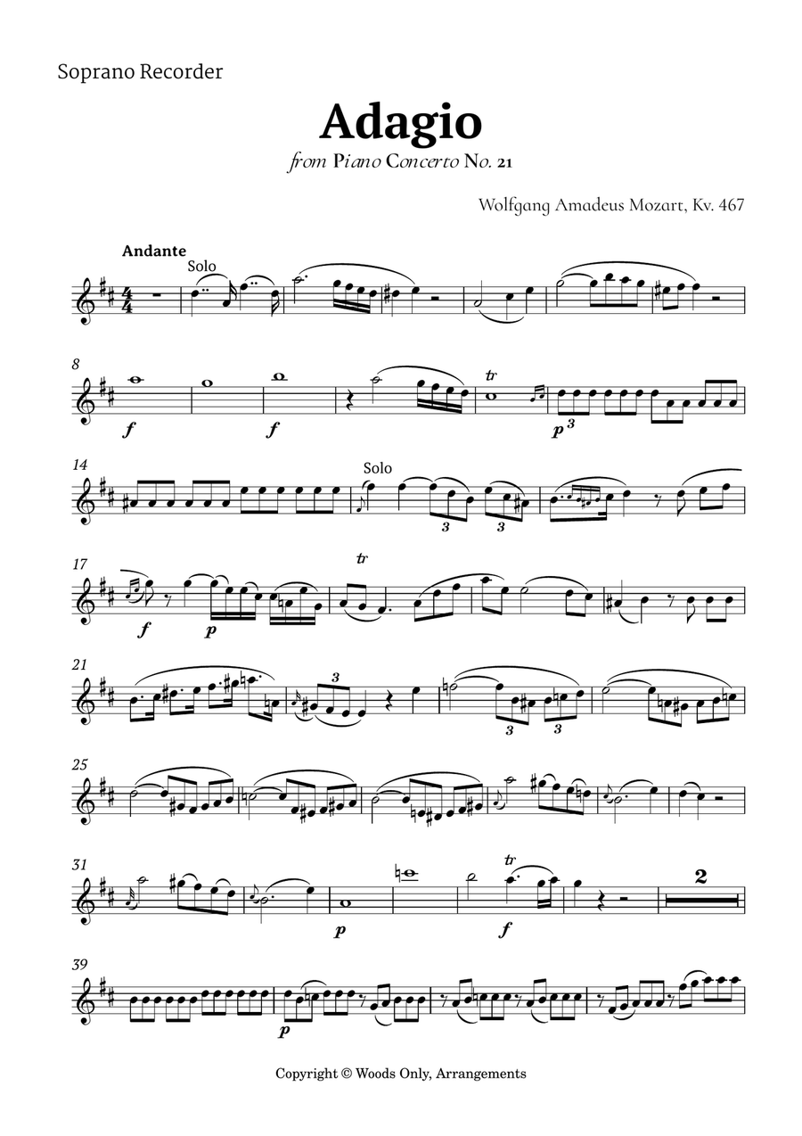Andante from Piano Concerto No. 21 by Mozart for Recorder Quartet Chamber Music scores gallery preview page 6