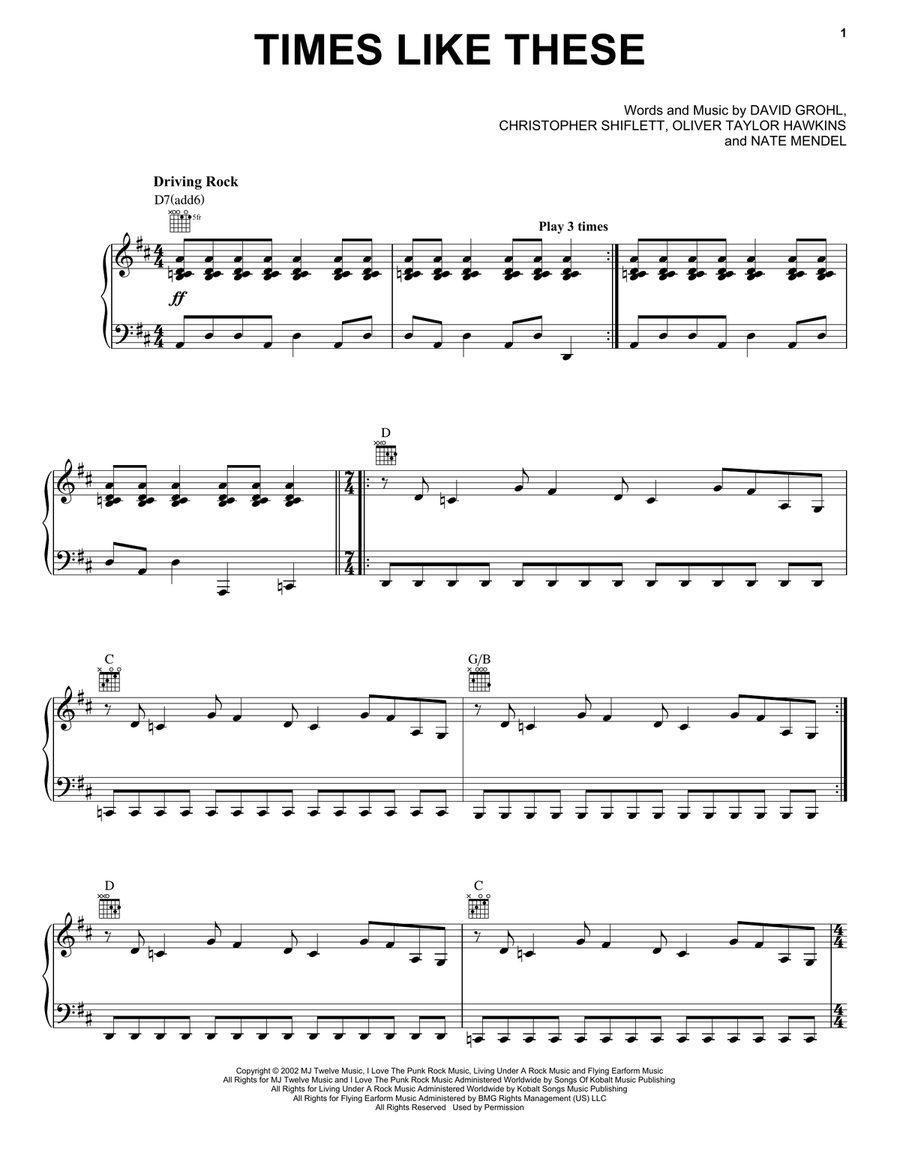 Times Like These Piano, Vocal, Guitar scores gallery preview page 1
