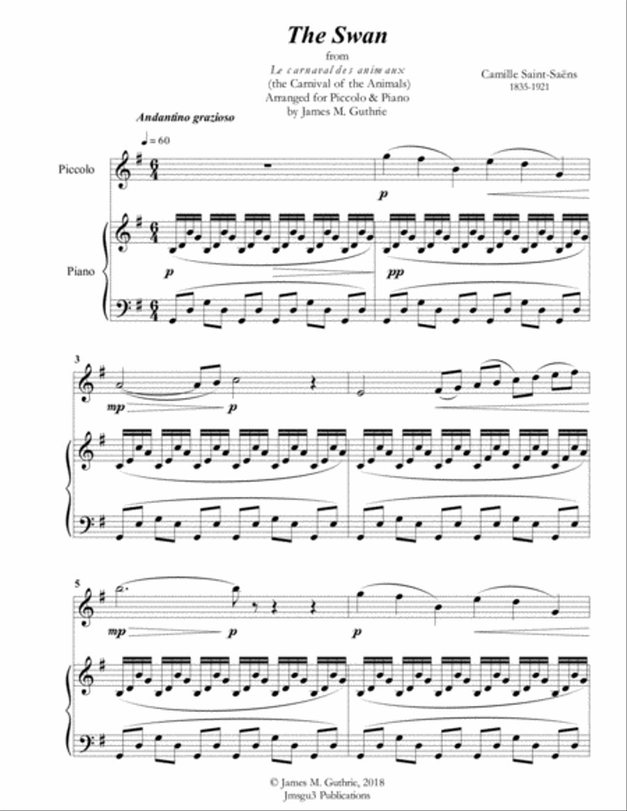 Saint-Saens: The Swan for Piccolo & Piano Piccolo scores gallery preview page 1