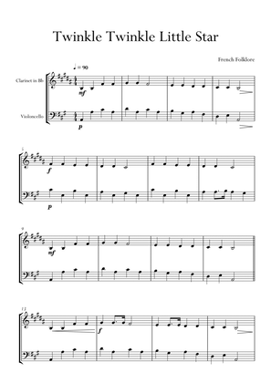 Twinkle Twinkle Little Star in A Major for Clarinet and Cello (Violoncello) Duo. Easy.