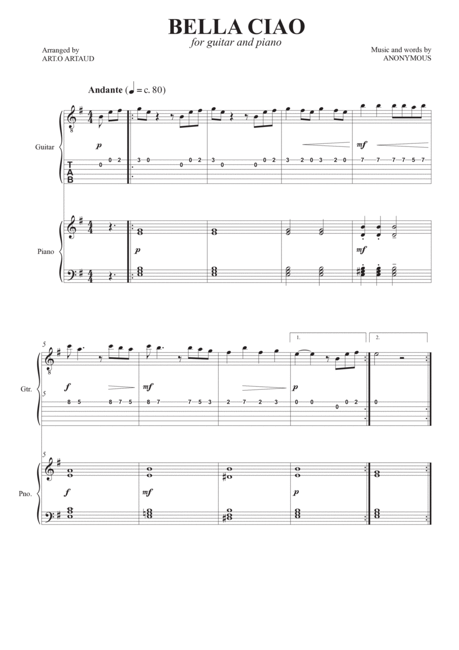 Bella Ciao Bella Ciao Acoustic Guitar scores gallery preview page 1