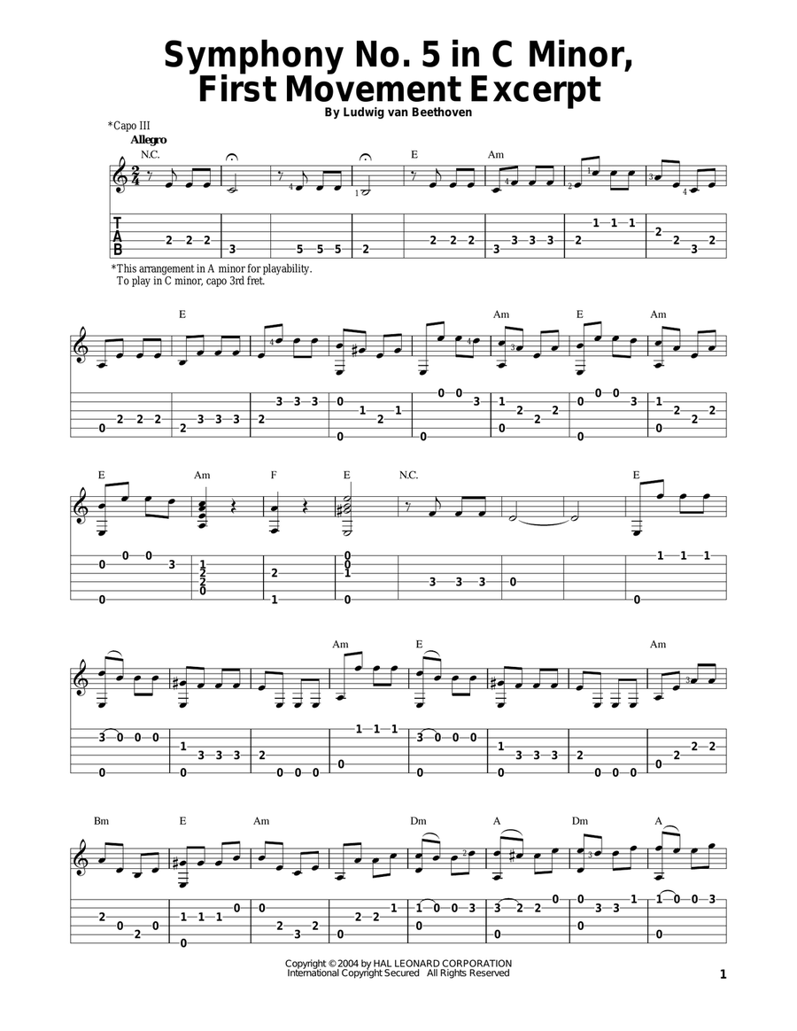 Symphony No. 5 In C Minor, First Movement Excerpt Acoustic Guitar scores gallery preview page 1