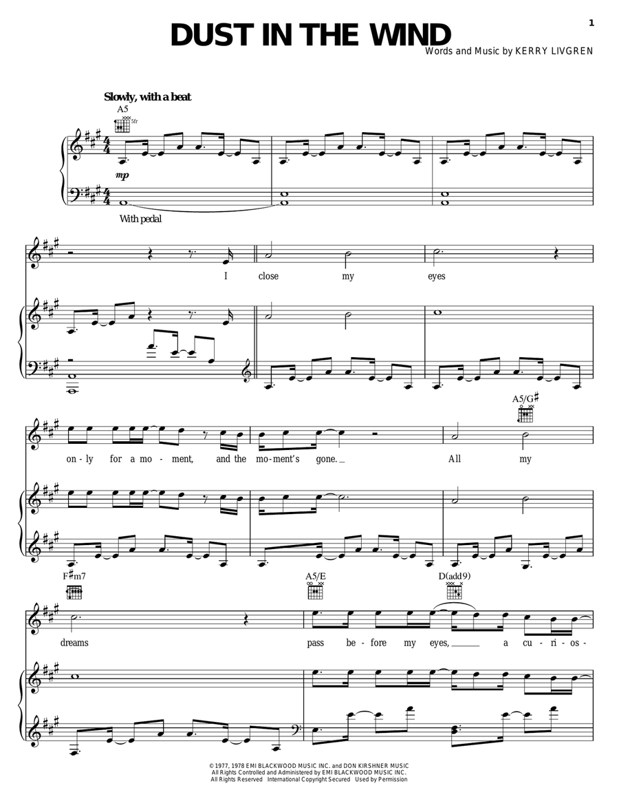 Dust In The Wind Piano, Vocal, Guitar scores gallery preview page 1