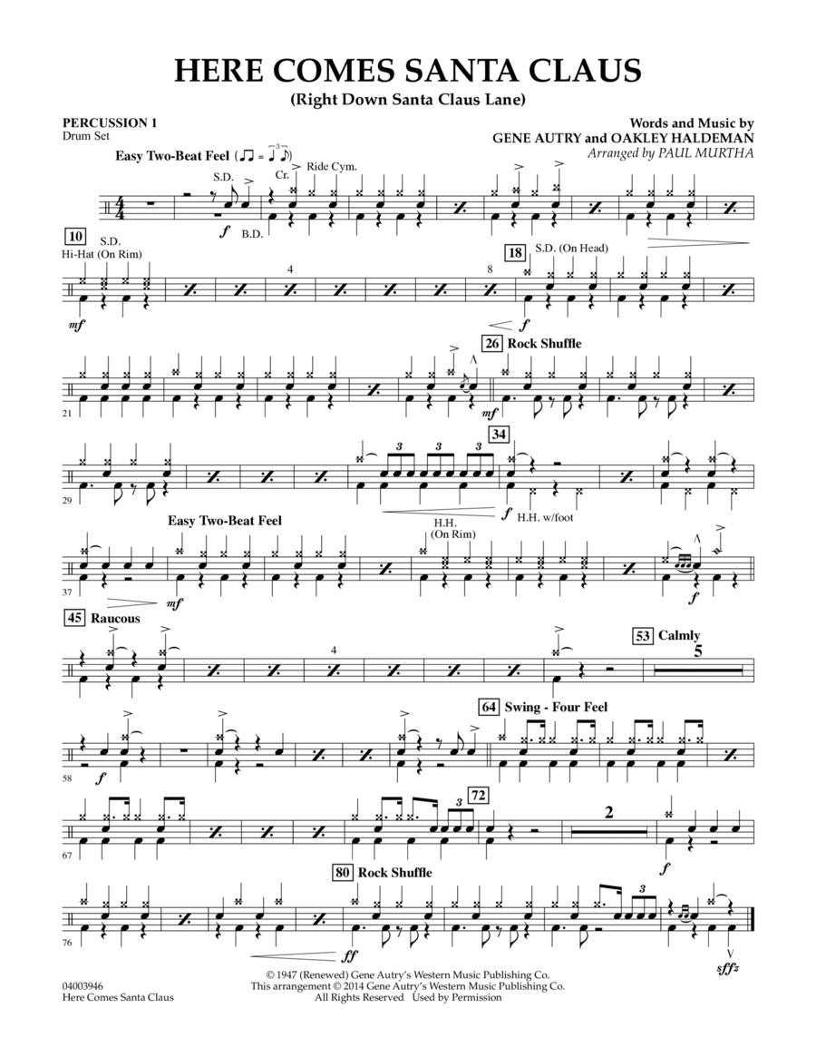 Here Comes Santa Claus (Right Down Santa Claus Lane) - Percussion 1 Concert Band scores gallery preview page 1