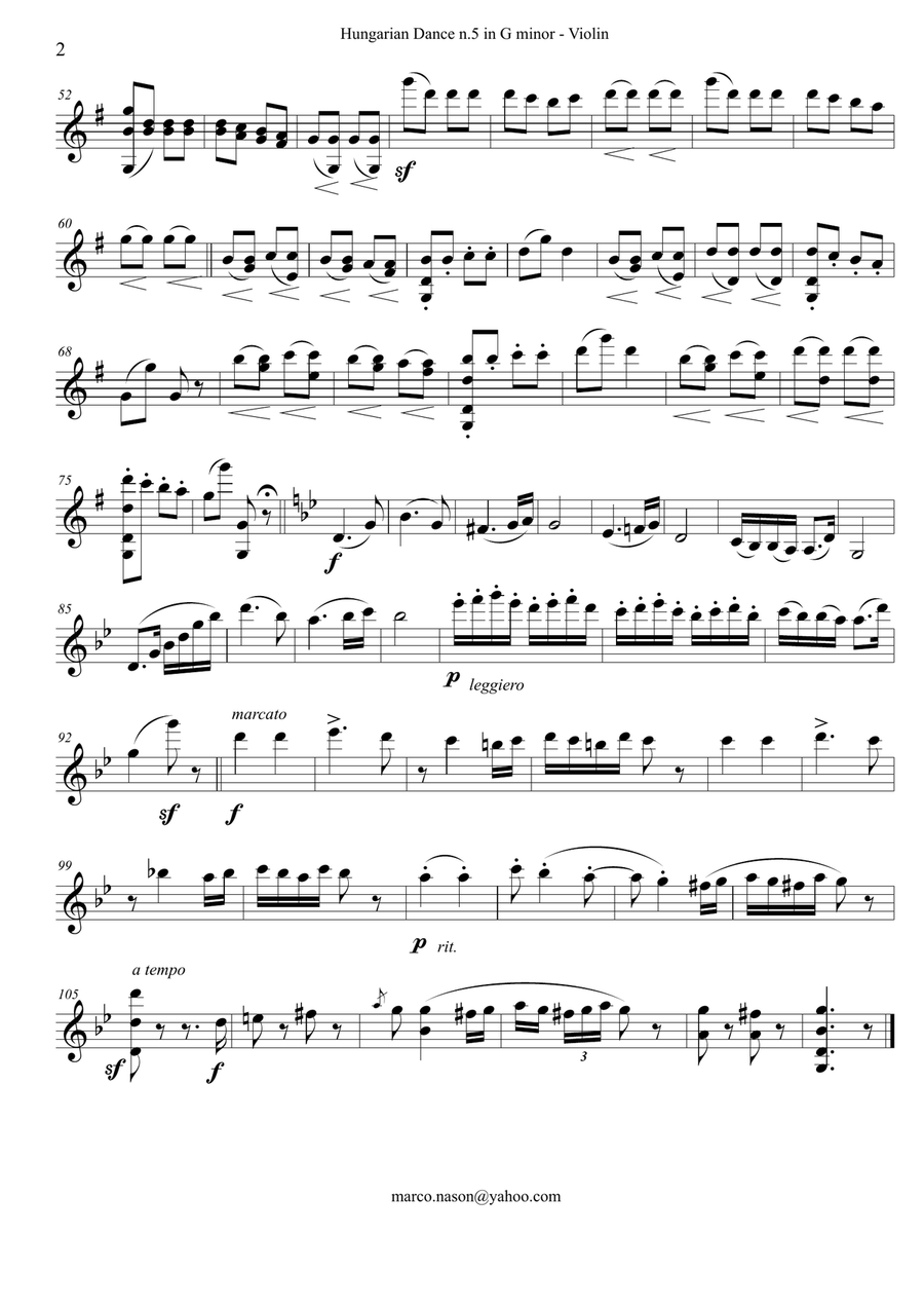 Brahms - Hungarian Dance n.5 in G minor for Piano Quartet Piano Quartet scores gallery preview page 2
