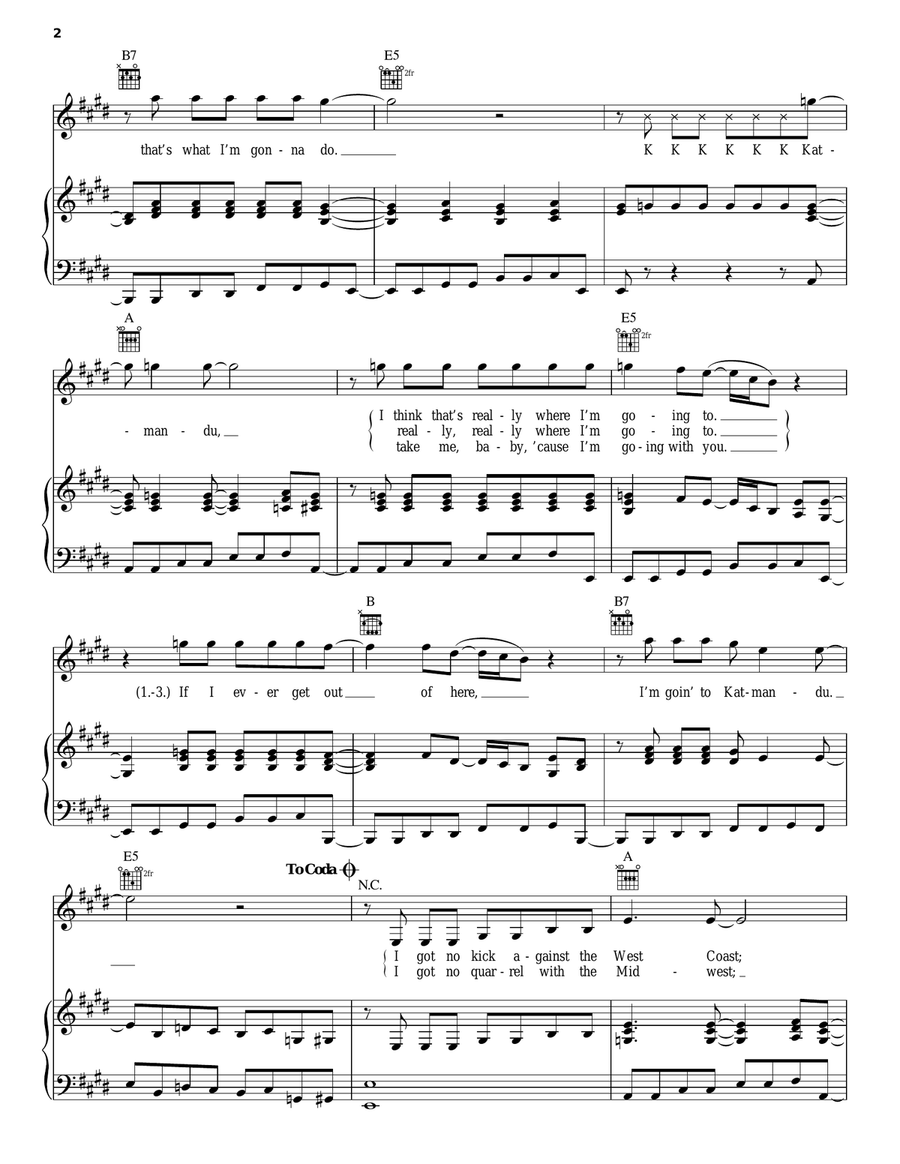 Katmandu Piano, Vocal, Guitar scores gallery preview page 2