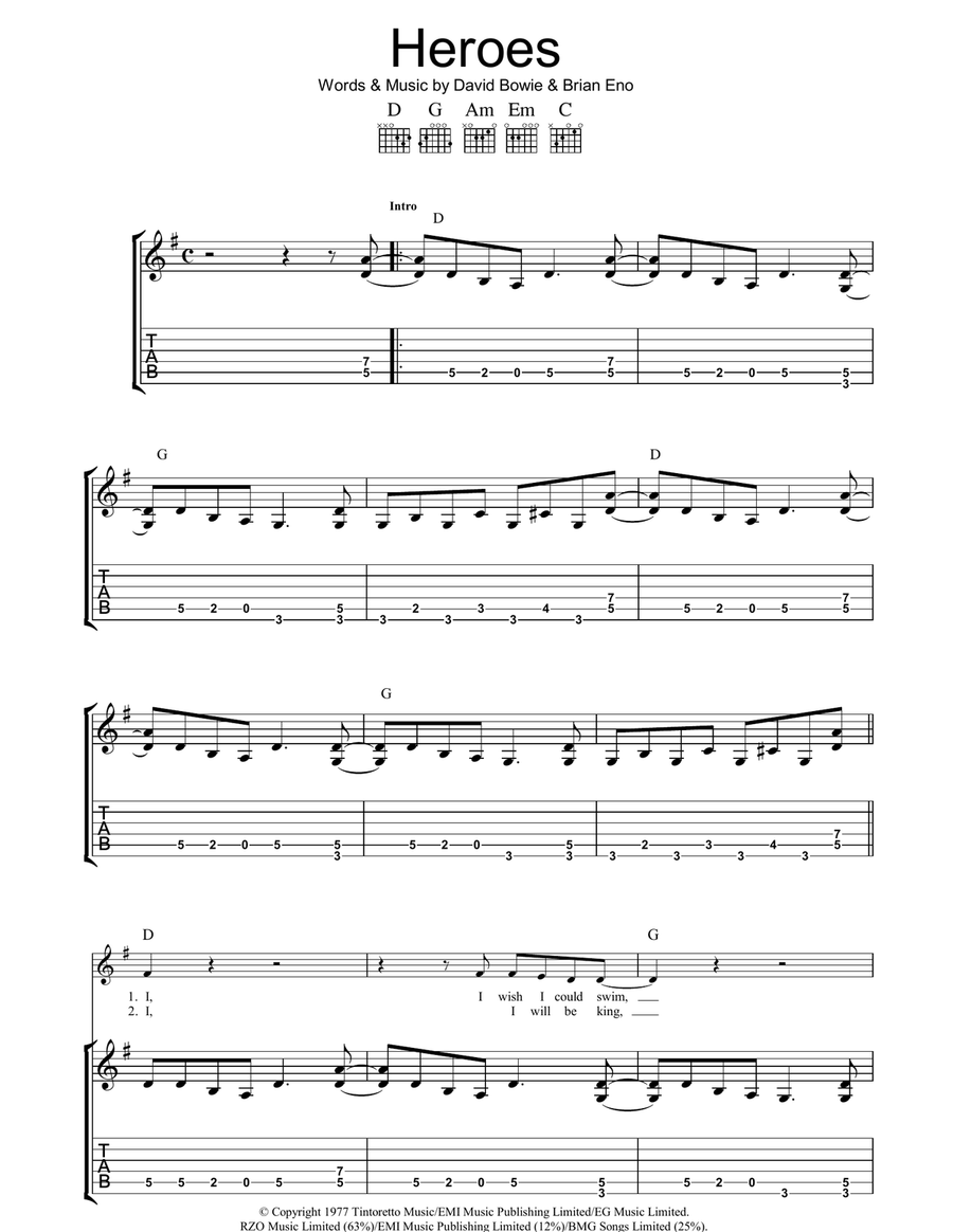 Heroes Guitar Tablature scores gallery preview page 1