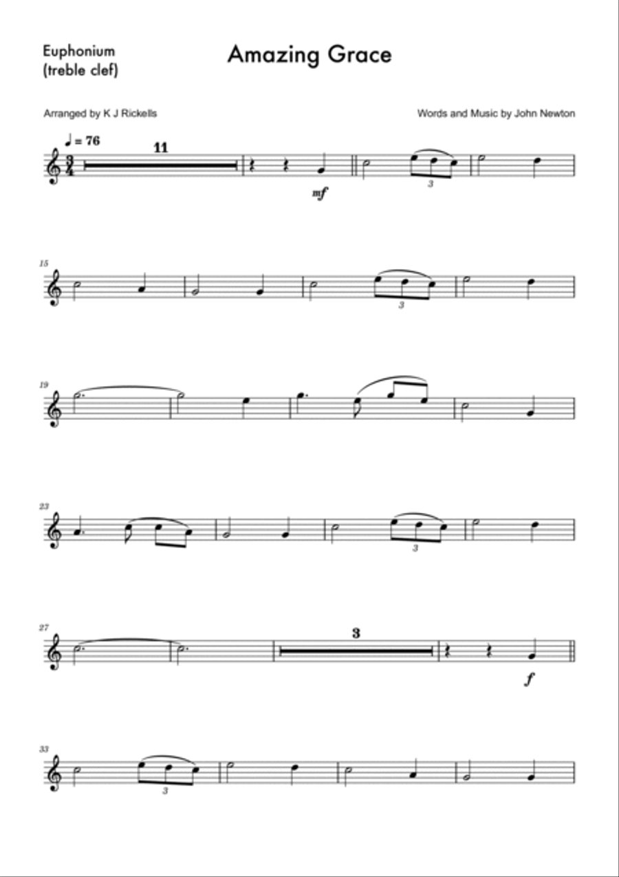 Amazing Grace - Euphonium/Baritone (treble clef) Baritone Horn TC scores gallery preview page 4