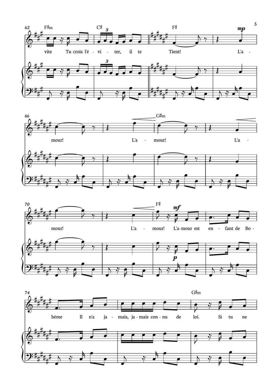 Habanera - Carmen for piano, chords and voice in F# minor. Piano, Vocal scores gallery preview page 5