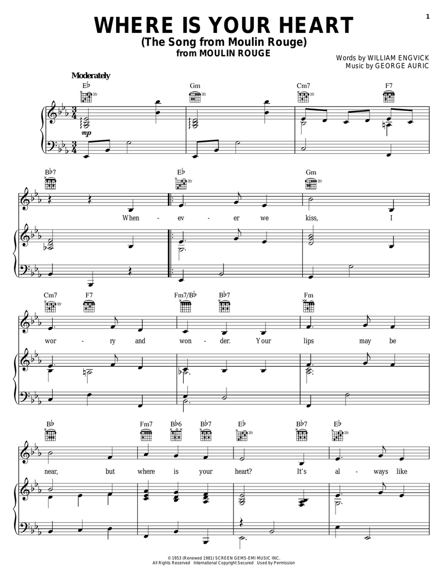 Where Is Your Heart (The Song From Moulin Rouge) Piano, Vocal, Guitar scores gallery preview page 1