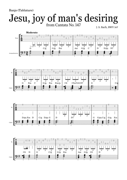 JESU, JOY OF MAN'S DESIRING by Bach - easy version for Banjo (Tablature) and piano with chords image number null
