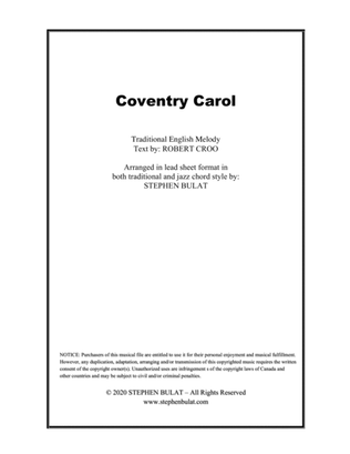Coventry Carol - Lead sheet arranged in traditional and jazz style (key of Gm)