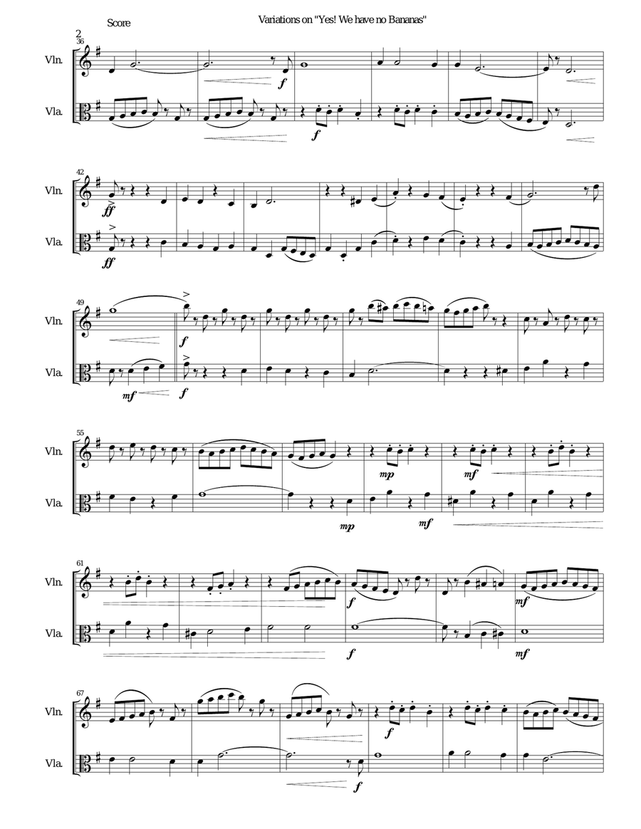 Variations on Yes We Have No Bananas for violin and viola String Duet scores gallery preview page 2