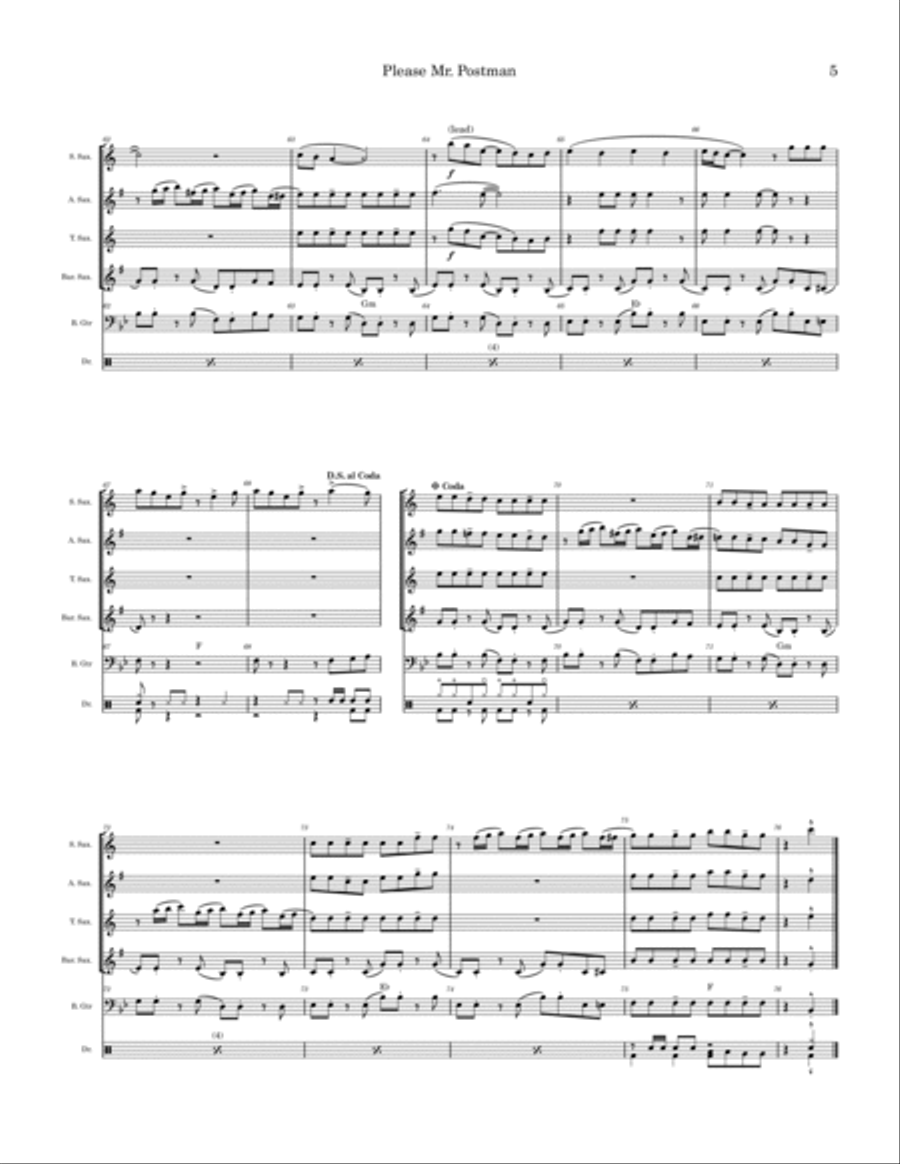Please Mr. Postman Saxophone Quartet scores gallery preview page 5