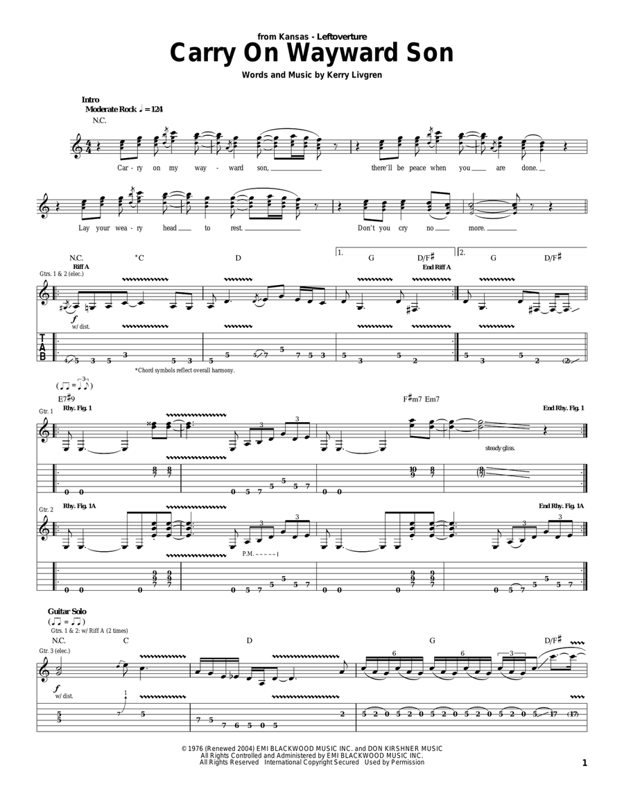 Carry On Wayward Son Acoustic Guitar scores gallery preview page 1