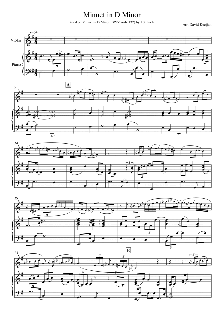 Bach - Minuet in D Minor, BWV Anh. 132 (violin & piano) Violin Solo scores gallery preview page 1