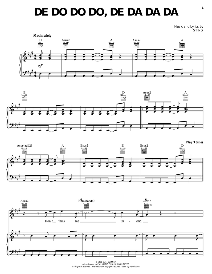 De Do Do Do, De Da Da Da De Do Do Do, De Da Da Da Piano, Vocal, Guitar scores gallery preview page 1