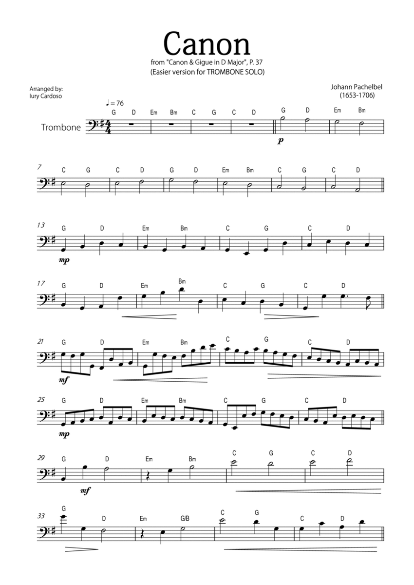 "Canon" by Pachelbel - EASY version for TROMBONE SOLO. image number null