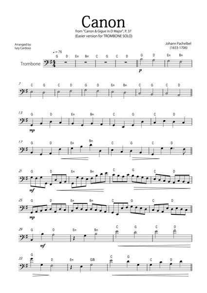 "Canon" by Pachelbel - EASY version for TROMBONE SOLO. image number null
