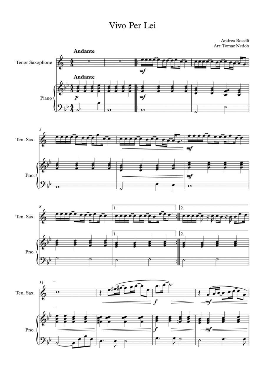 Vivo Per Lei Tenor Saxophone scores gallery preview page 1
