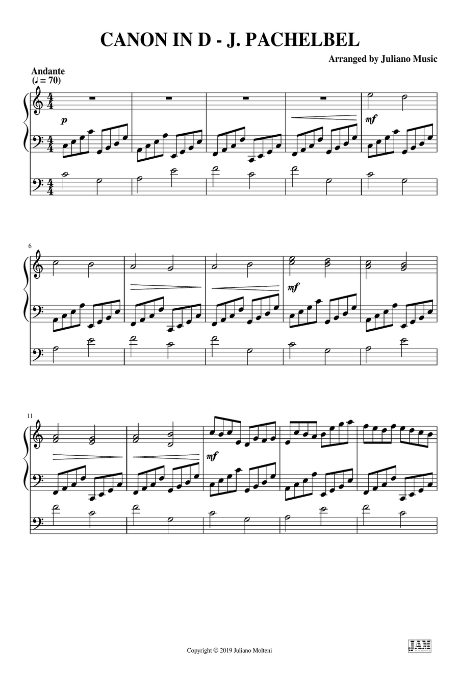 CANON IN D (EASY ORGAN - C VERSION) - J. PACHELBEL Organ Solo scores gallery preview page 3