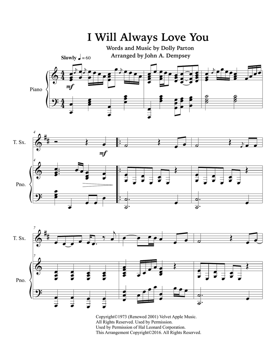 I Will Always Love You Tenor Saxophone scores gallery preview page 4
