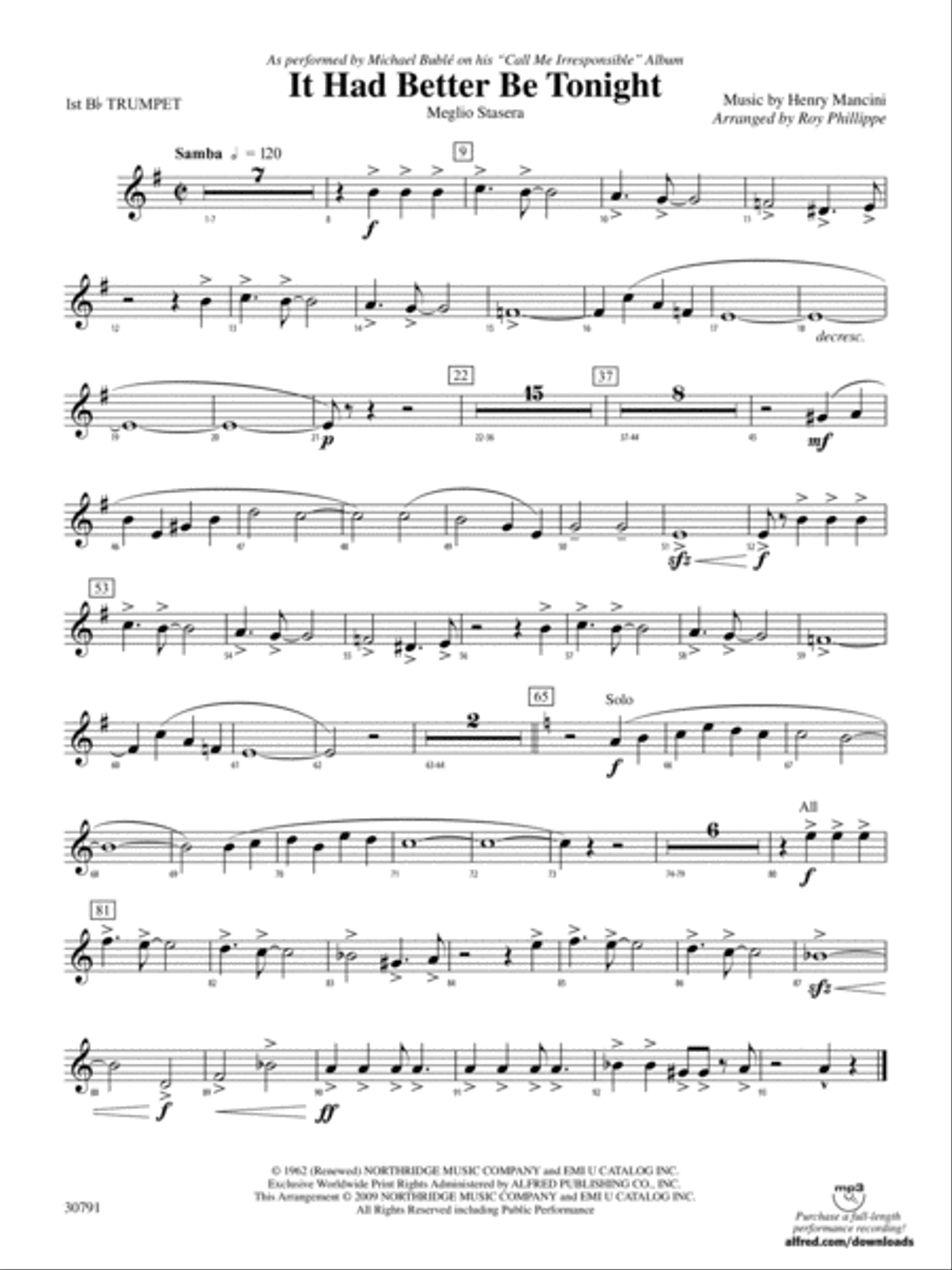 It Had Better Be Tonight (Meglio Stasera): 1st B-flat Trumpet Concert Band scores gallery preview page 1
