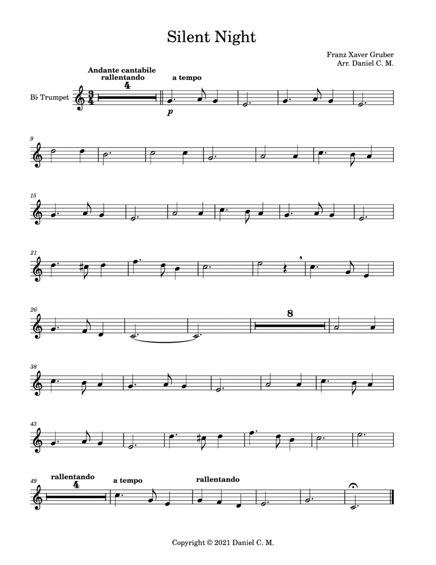 Silent Night for Bb trumpet and piano (easy) Silent Night for Bb trumpet and piano (easy) Trumpet Duet scores gallery preview page 1